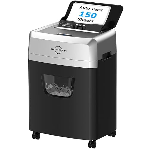 BONSEN 150-Sheet Autofeed Paper Shredder for Office, 60 Mins Heavy Duty Micro-Cut Shredders for Home Office Use, P-4 High Security Commercial Document Shredder with 6 Gal Large Capacity Bin S3114