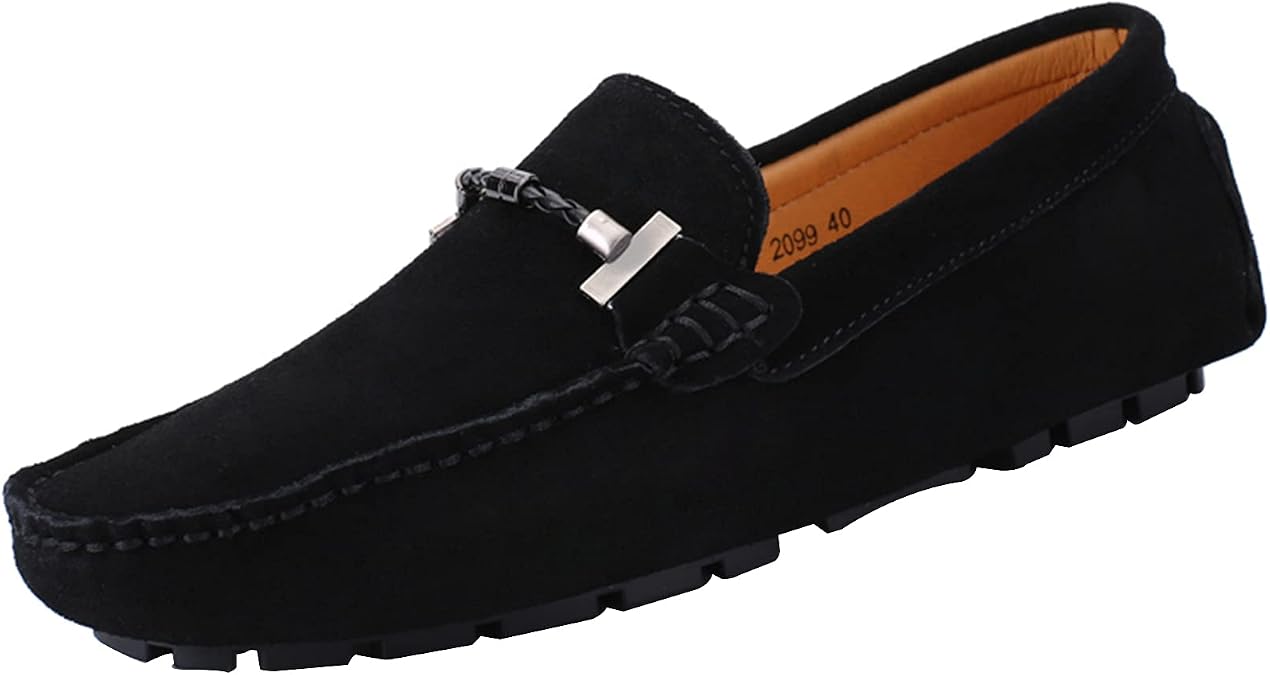 Flat Loafer for Men Suede Leather Slip-on Dress Driving Moccasins Casual Boat Shoes Black 12.5/48