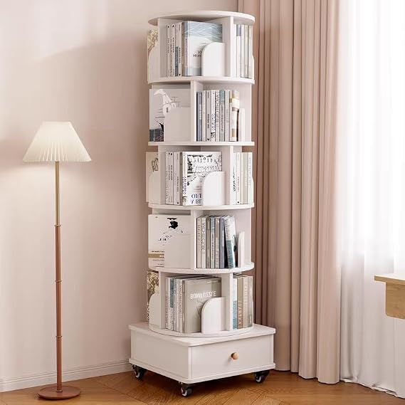 extrasleep 6 Tier Rotating Bookshelf with Wheels, 360 Display Corner Shelf for Small Space, Wood Narrow Organizer Bookcase Storage Rack for Bedroom Living Room Study Room (White)