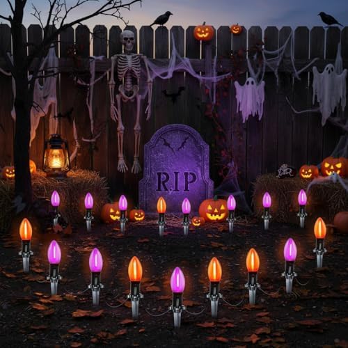 10 Pack Halloween Pathway Lights Outdoor, 19.5ft Extendable C9 LED Stake Lights with Orange & Purple Bulbs, Connectable Marker Lights for Garden, Yard, Driveway, Porch & Sidewalk Halloween Decor