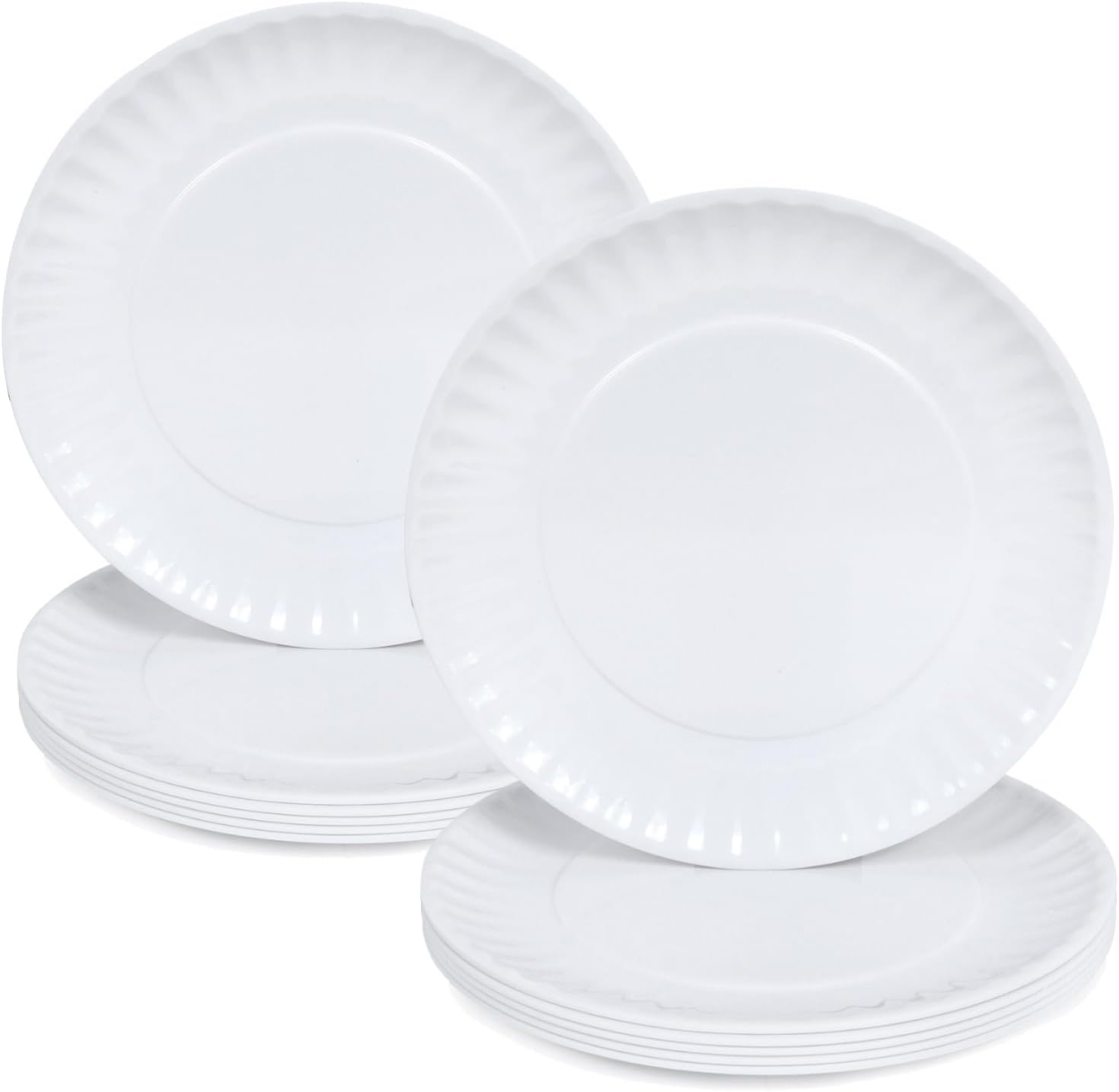 White Melamine Dinner Plates Set of 12, 9 Inch Lace Dish Set, Lightweight Plastic Round Plates, Scratch Resistant Kitchen Serving Dishes