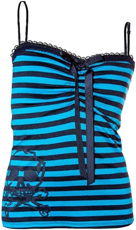 Y2K Skull Striped Camis Womens Lace Bow Tanks Punk Goth Harajuku Tops Summer Aesthetic Slim Fit Streetwear