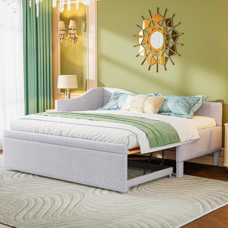 KLMM Stylish Twin Size L-Shaped Upholstered Daybed with Pop Up Trundle,for Living Room Bedroom Use Beige#e, Twin