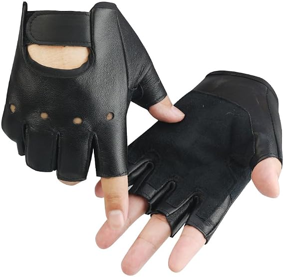Men's Genuine Lambskin Leather Fingerless Gloves - Handcrafted All-Season Motorcycle Gloves with Touchscreen Grip, Knuckle Armor & Breathable Padding