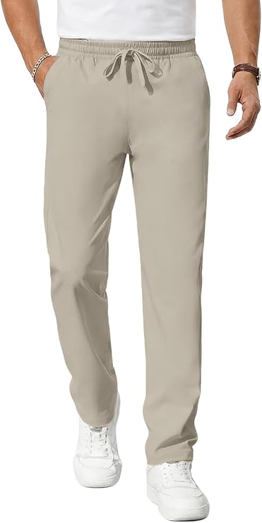 Mens Casual Pants Elastic Waist Drawstring Chinos Pants Tapered Twill Trousers with Pockets