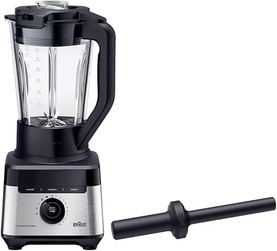 Braun PowerBlend 7 JB7550BK Stand Mixer with Triangular Glass Container 10 Speeds + Pulse Function PrecisionCrush Blade Cleaning Program Masher & 600 ml Bottle 1400 W Black
