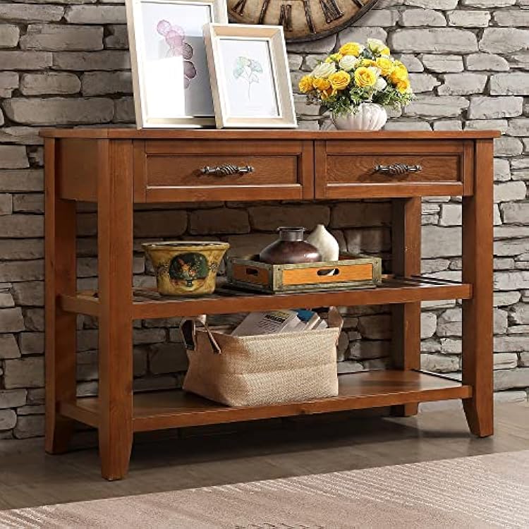 Mid-Century Style 42 Solid Wood Console Sofa Table with 2 Storage Drawers and 2 Tiers Open Shelves for Living Room Furniture Kitchen Dining Room Entryway Hallway Brown-2 Drawers