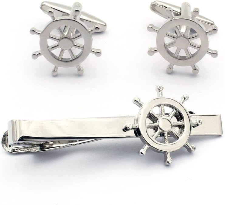 Ship Wheel Tie Clip and Cufflinks Set - Nautical Design for Men, Elegant Accessory for Weddings, Parties, and Formal Events