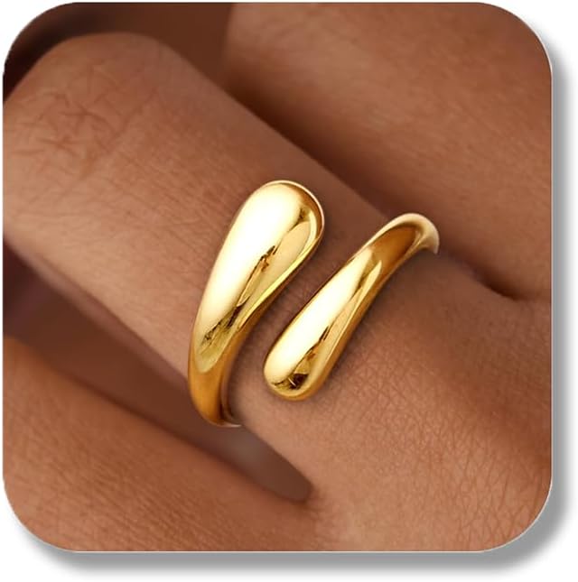 Gold Plated Chunky Thick Waterdrop Teardrop Ring, Hypoallergenic Adjustable Thumb Finger Rings Open Ring for Women and Men, Gold Rings Jewellery Birthday Anniversary Christmas