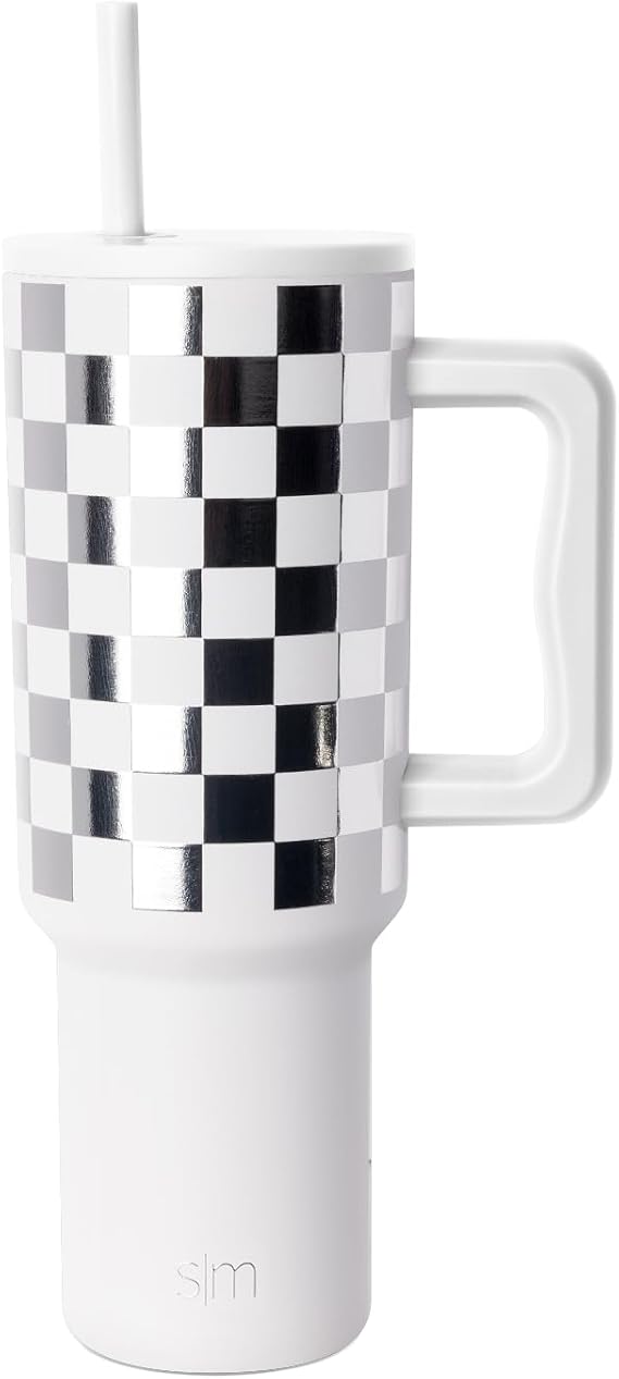 Simple Modern Tumbler with Handle and Straw | 40oz | Checkered | Trek Tumbler, Travel Mug | Insulated Water Bottle, Cupholder Friendly, Stainless Steel Cup | Silver Bell Checkmate