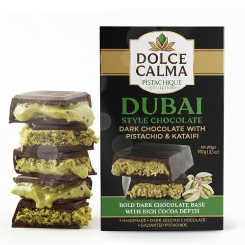 Dolce Calma Dubai Chocolate Bar Dark 100g  3.5oz Viral Authentic Handmade Belgian Chocolate with Turkish Pistachio & Crispy Kataifi, Premium Quality Candy, Luxury Cream Kunafa Filling, No Palm Oil