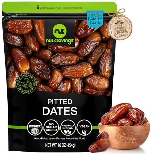NUT CRAVINGS - Dried Deglet Noor Dates Pitted, No Sugar Added, Unsulphured 16oz, 1 LB Sweet Healthy Snack, Vegan, Kosher, Resealable Bag