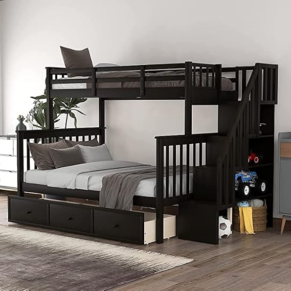 Harper & Bright Designs Twin Over Full Wood Bunk Bed with Stairs and Storage Drawers for Living Room Bedroom, No Box Spring Needed, Espresso