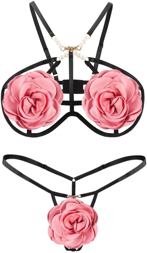 haozaikeji Women Pearl Rose Flower Lingerie Sexy Halter Bikini Set 3D Cut Out Naughty Lingerie