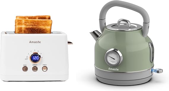 Amaste White Toaster & Green Retro Electric Kettle Set