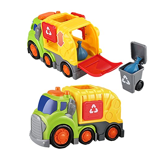 Garbage Truck Toys | 8-Inch Big Green Recycle Truck | Push & Go Operated Car Trash Truck with Garbage Can and Bag
