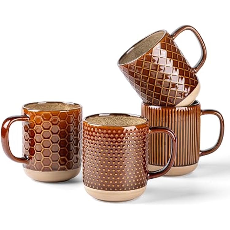 GBhome Large Coffee Mugs Set of 4, 16oz Handmade Stoneware Coffee Mugs Set with Large Handle for CappuccinoLatteTeaHot Cocoa, Dishwasher & Microwave Safe, Caramel