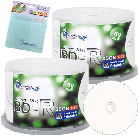 Smartbuy 100-disc 25GB 6X BD-R Blu-Ray White Inkjet Hub Printable Blank Media Disc + Free Micro Fiber Cloth