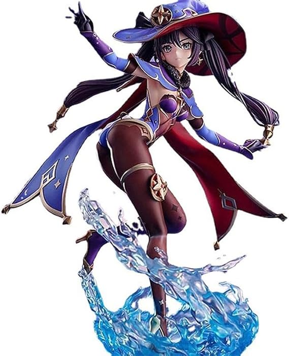 Anime Action Figures Model Statue-Black Haired, Double Braided, Grey Eyed Female Game Character with Witch's Hat, Matching Blue and Red Cape, Blue Splash Effect Base, Height 33cm, Weight 6000g -Z