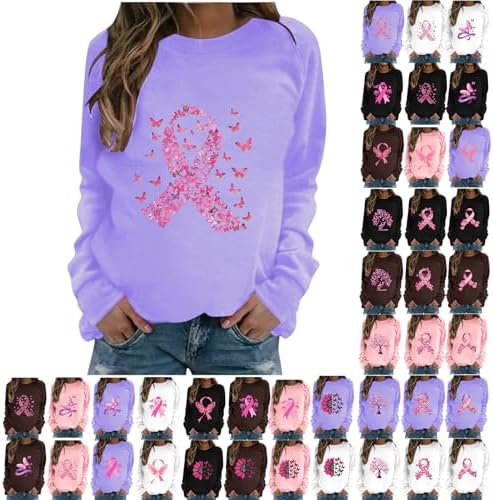 Womens Breast Cancer Sweatshirt Pink Ribbon Sweatshirts Cancer Awareness Long Sleeve Shirts Pullover Tops