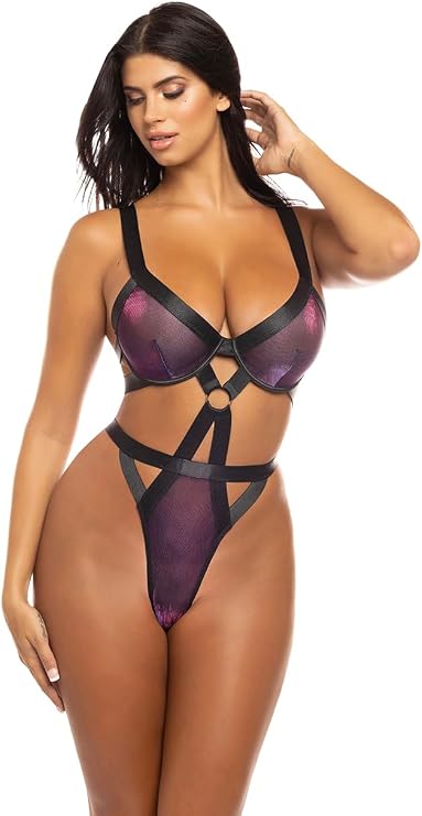 Oh la la Cheri Women's Sexy Jade Underwire Highleg Iridescent Mesh Teddy With Large Ring