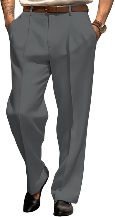 Mens Dress Pants Straight Leg Pleat-Front Casual Suit Pants Plain Comfort Work Office Business Lounge Trouser Long