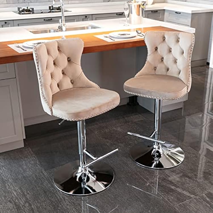 Velvet Barstools Set of 2, Adjusatble Seat Height from 22-25 in Swivel Upholstered Bar Stools with T-Shaped Footrest and Rivet Decoration Velvet Barstools Khaki