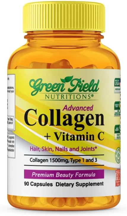Greenfield Nutritions - Halal Collagen Peptides 1500 mg Type I & III, with Vitamin C 300 mg for Better Absorption, Anti-Aging Formula for Hair, Skin, Nails & Joints, Halal Vitamins, 90 Capsules