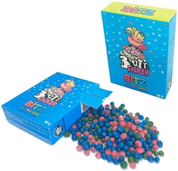 Brain Licker Bitz Mega Sour Candy Mix Blue Red Green 18 x 50g Individually Wrapped Packs | Extreme Tangy Fruity Fun for Party Bags & Celebration Treats