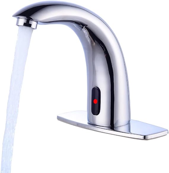 Automatic Touchless Bathroom Sink Faucet Motion Activated Sensor Faucets Hands Free Commercial Tap with Hole Cover Deck Plate Battery Operated Control Box Adjustable Temperature Mixer(Chrome)