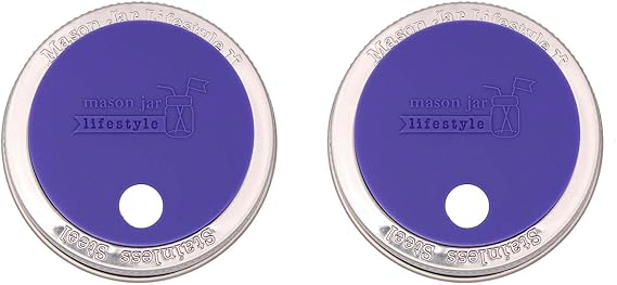 Ultra Violet Silicone Straw Hole Tumbler and Fermentation Lids with Stainless Steel Bands by Mason Jar Lifestyle (2 Pack, Regular Mouth)