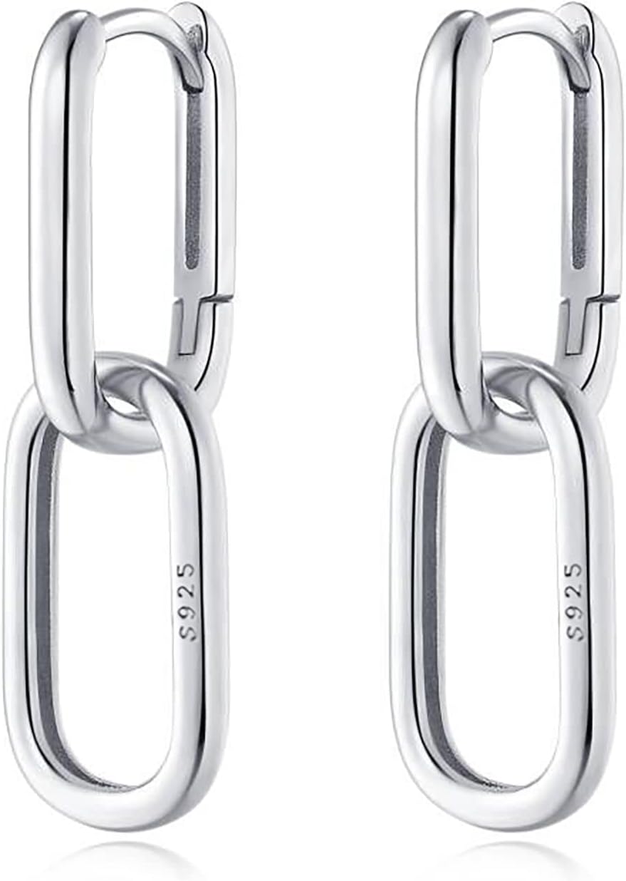 Reffeer 925 Sterling Silver Double Ring Hoop Earrings Huggie for Women U Hoop Earrings Square Hoop Chain Link Earrings
