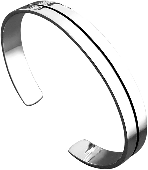 Classic Men's Silver bangle Bracelet - Solid 925 Sterling Silver Bangle for Men - Flat Torque Style Black Line Silver Bangle