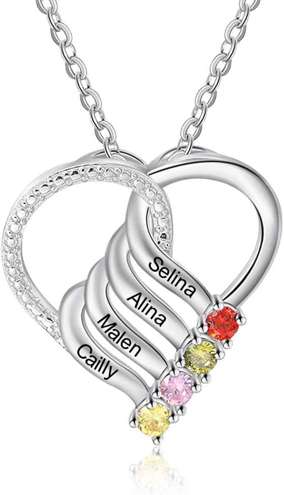 Personalized Mothers Necklace, Custom 2-6 Birthstone Necklesses for Mom Grandma Engraved Names Mother Daughter Jewelry Gift 4 Stones