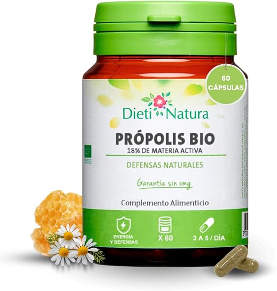 Dieti Natura Propolis BIO 18% Active Matter - Pure Natural Propolis for Immune Defenses - Antibacterial and Antioxidant Properties - Certified Beehive Product (60 BIO CAPSULES)