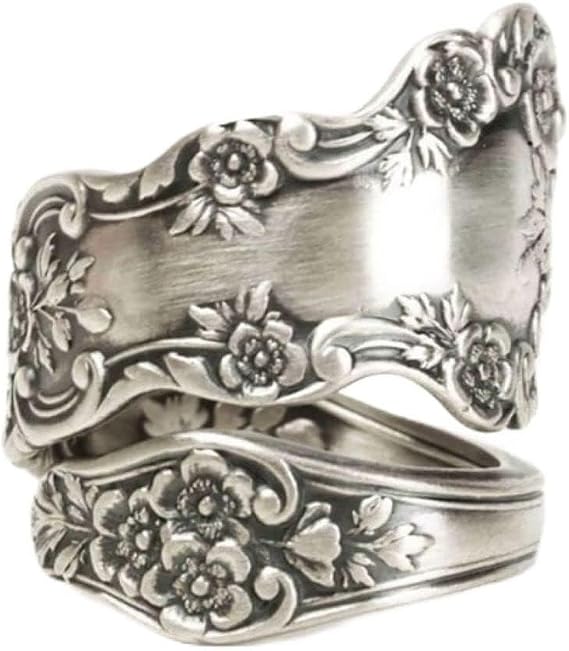 LRGKMCWTOB Retro Flower Ring 925 Sterling Silver Vintage Flower Stacking Band Ring Simple Thumb Statement Rings Victorian Flower Open Adjustable Boho Floral Statement Jewelry for Women (Size 7)