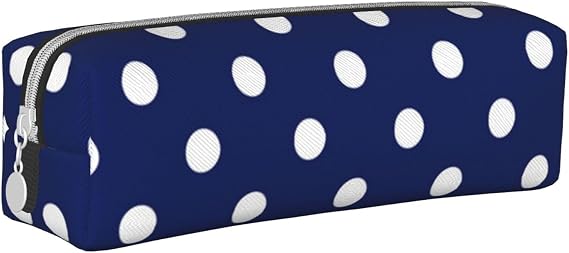 Navy Blue Polka Dot, Pencil Pouch Pen Case Portable Leather Pencil Bag with Zipper Cosmetic Pouch Bag
