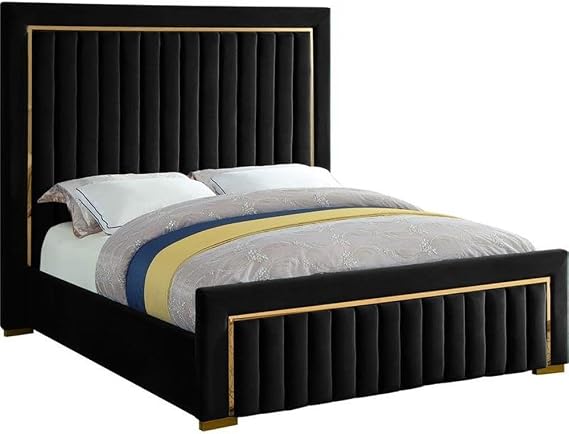 Meridian Furniture Dolce Collection Modern | Contemporary Velvet Upholstered Bed with Luxurious Channel Tufting and Gold Metal Trim/Legs, King, Black