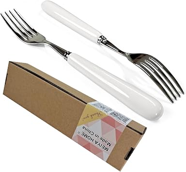2Pcs 20.5CM 8inch Good Dinner Fork 18/10 Stainless Steel Table Fork Creative white ceramic handle Main Course Fork, 4-Tine Fork, SUS304 Steak fork 2