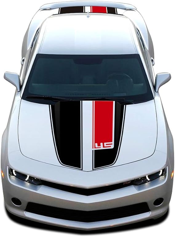 Rally Racing Hood and Trunk Stripes Graphics Kit Vinyl Decal Wrap Sticker for Chevrolet Camaro 2010-2015 Accessories (Glossy Black + Glossy Red)