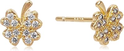 14K Gold Plated Stud Earrings Cubic Zirconia Earring Four Leaf Clover Earrings Small Stud Earrings S925 Silver Needle for Women