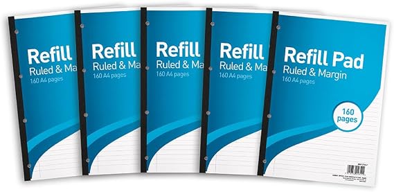 SUMMIT A4 Lined Paper, Side Bound Refill Pad, 8 mm Ruled and Margin, 160 Page, Pack of 5
