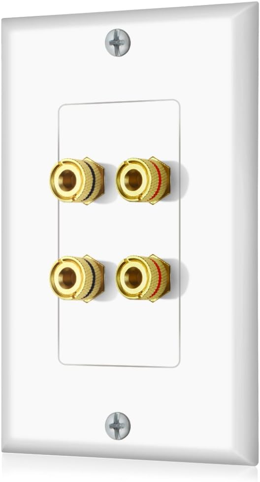Banana Binding Post Two-Piece Coupler Inset Wall Plate for 2 Speakers Standard Single Gang WHITE