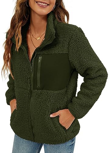VVK Women's Fashion Faux Shearling Shaggy Full Zip Coats Warm Winter Patchwork Jackets with Pocket