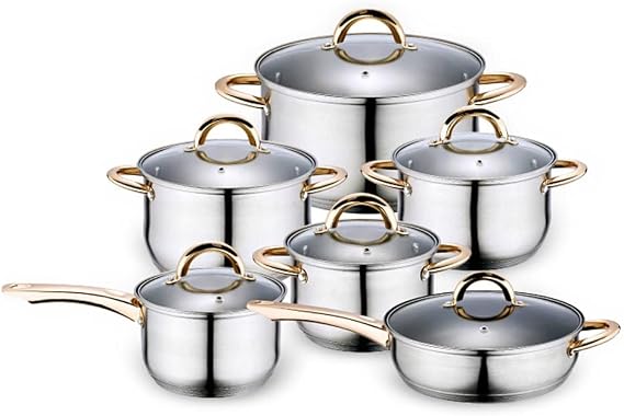 Cooking Pot, Frying pan,Cooking Tools 12 Piece Set Stainless Steel Cookware Set Kitchen Cookware Set Pots Pots & Pans Glass Lid (A) Vision