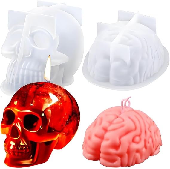 Skull & Brain Resin Candle Mold Set, Brain and Skull Silicone Molds for Aromatherapy Candle Soap Making DIY Epoxy Mould Resin Casting Art Crafts Lotion Bar Clay Halloween Party Supplies Home Decor