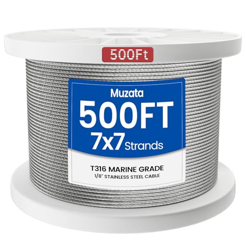 Muzata 500 ft 18 Stainless Steel Cable Railing System Hardware T316 Stainless Steel Wire Rope 7x7 Strands 1800 lb Breaking Strength Deck Cable Railing Kit for Indoor Outdoor Coastal WR02