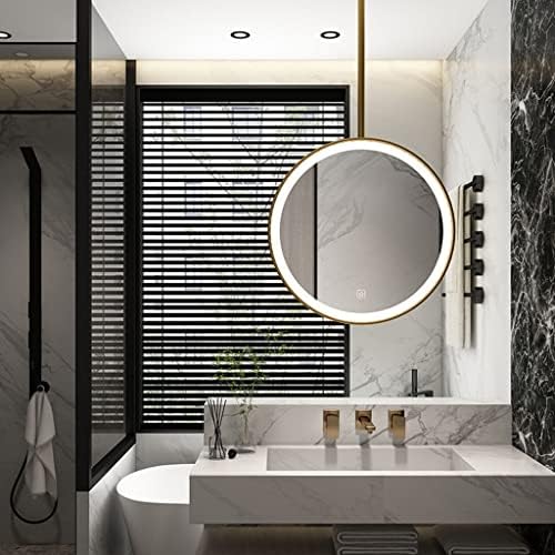 Hanging Metal Frame LED Illuminated Bathroom Mirror, Ceiling Round Hanging Mirror Suspended with Light Touch Button, Bedroom Hallway Living Room Lighted Boom Mirror