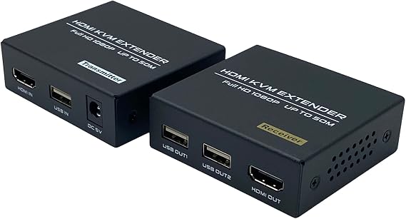 HDMI KVM USB Extender, 1080P@60Hz HDMI Extender Over Cat5e/6 Transmit Video 50m(165ft) for Mouse and Keyboard Control Remote Signals, with Loop Out Function