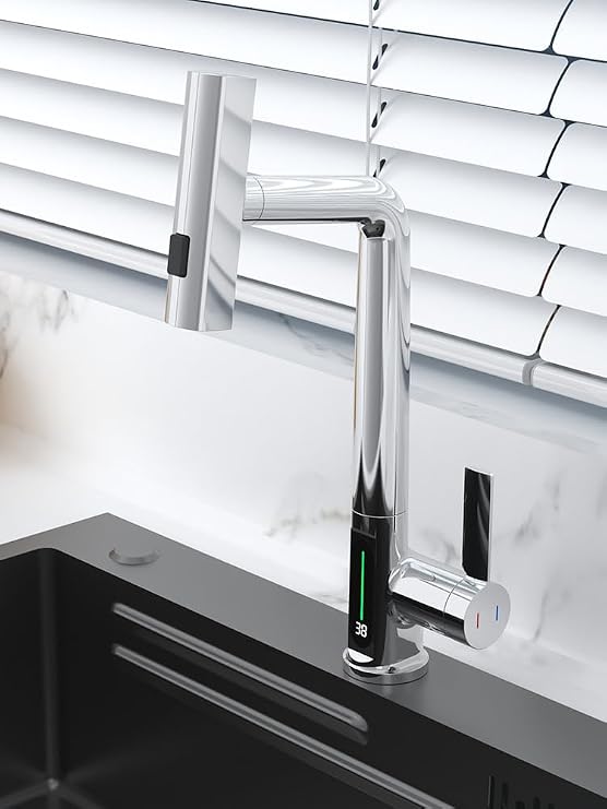 Suprills Kitchen Sink Taps with Pull Out Spray, Multifunction 360 Degree Rotating Faucet, Black Pull Out Basin Mixer Bathroom Taps, Kitchen Mixer Tap with Digital Display and Shower (Chrome)